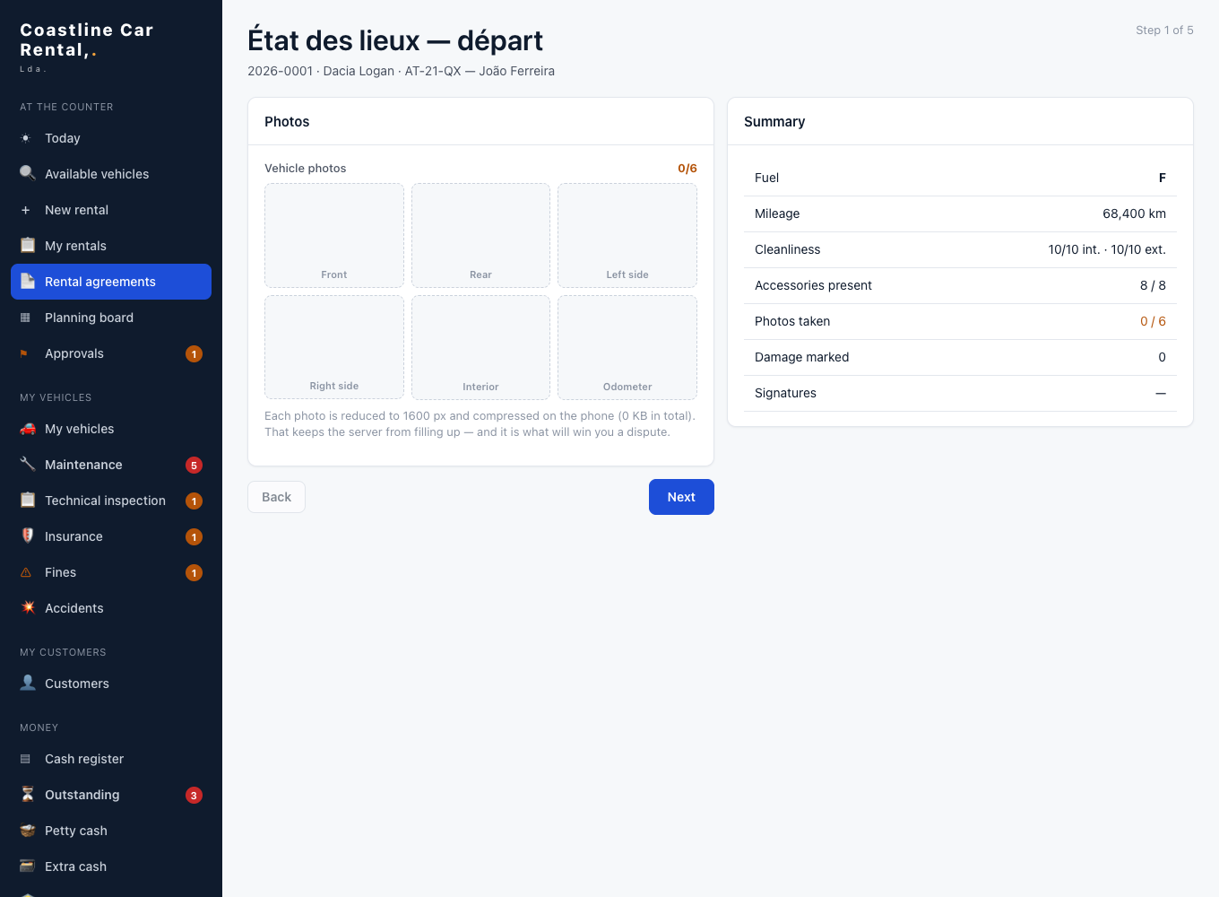Check-in inspection on a car diagram