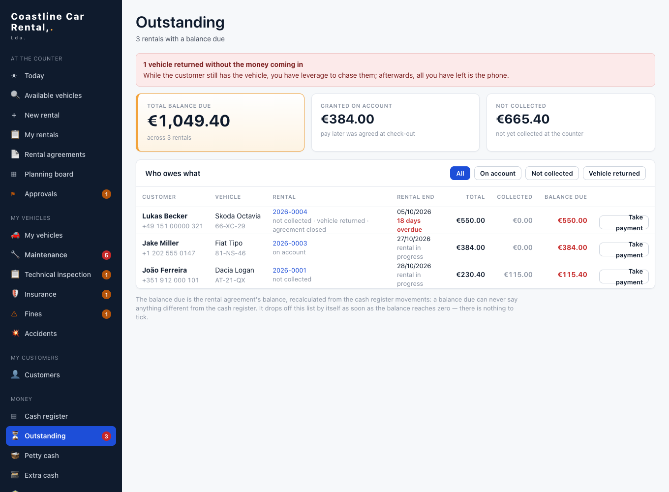 Outstanding payments screen