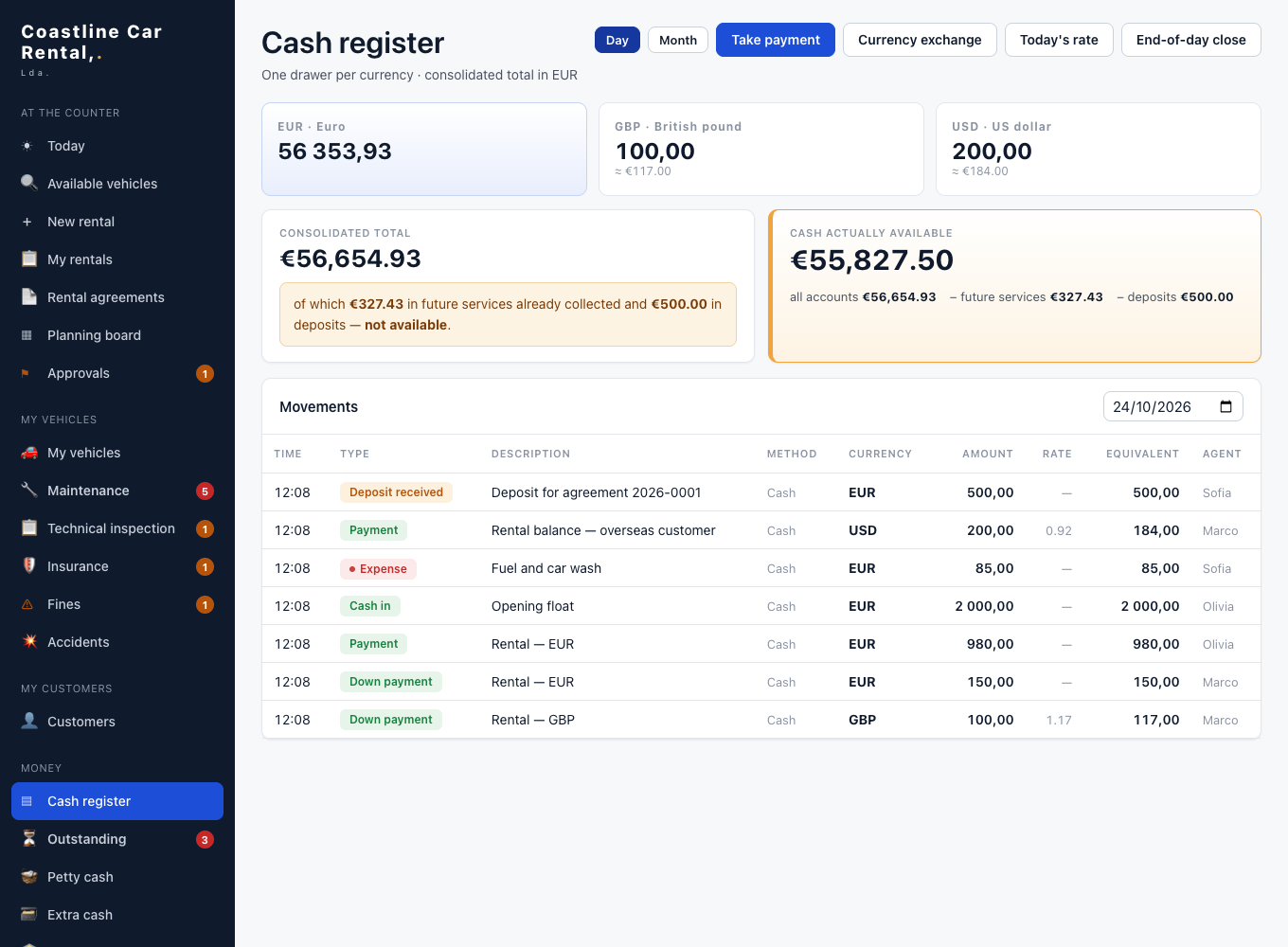 Petty cash and expenses screen